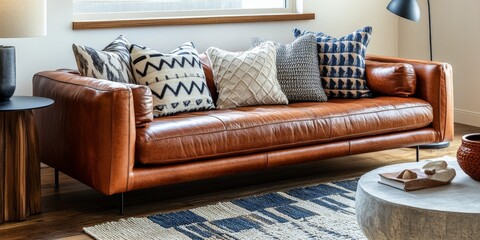 Chic urban living room featuring a cognac leather sofa enhanced with geometric patterned pillows, complemented by a mid century modern side table, a stylish lamp, and overlapping plush area rugs on