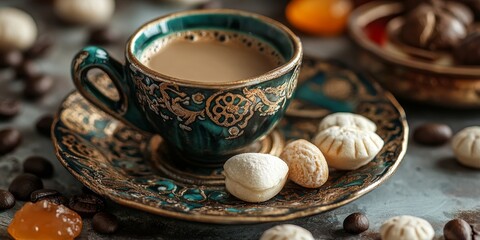 Fototapeta premium Coffee and oriental sweets create a delightful pairing, featuring locum and sherbet. This composition of coffee and oriental sweets invites indulgence, with selective focus emphasizing taste.