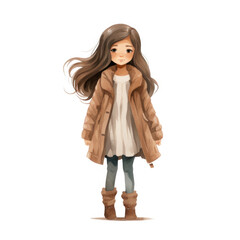 A young girl wearing a brown coat and boots