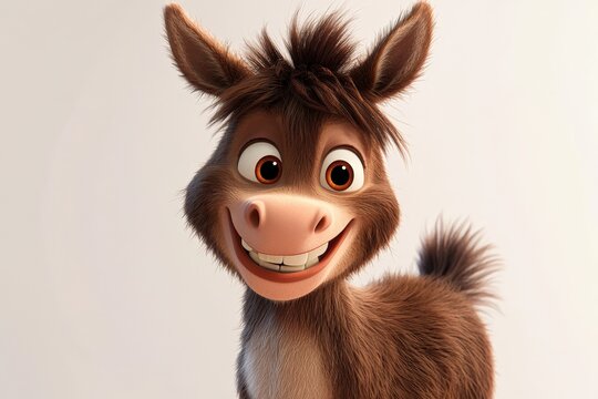 a cartoon donkey smiles with teeth showing
