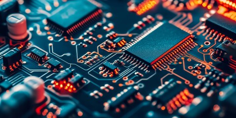 Obraz premium Closeup of an electronic circuit board showcasing intricate details of the PCB, highlighting the design and functionality of the printed circuit board in a vivid, clear manner.