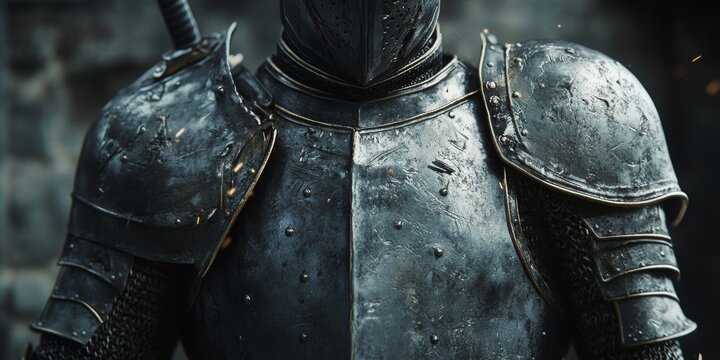 Ancient metal armor showcasing the formidable style of the medieval knight. This medieval knight armor concept evokes the essence of epic battles and can serve as a backdrop for text.