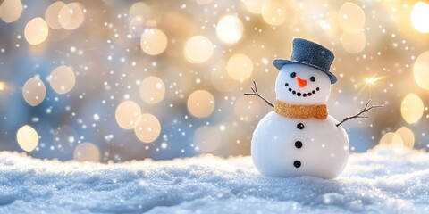 Fototapeta premium Snowman surrounded by a beautiful snowy bokeh background creates a whimsical winter scene, perfect for capturing the essence of a joyful snowman in a winter wonderland.