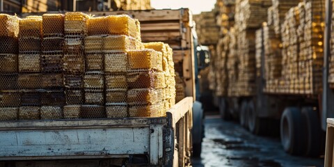 Honey production and bee keeping are essential processes in the collection of honey. A truck loaded with honey combs is ready for processing at the plant for efficient honey production and extraction.