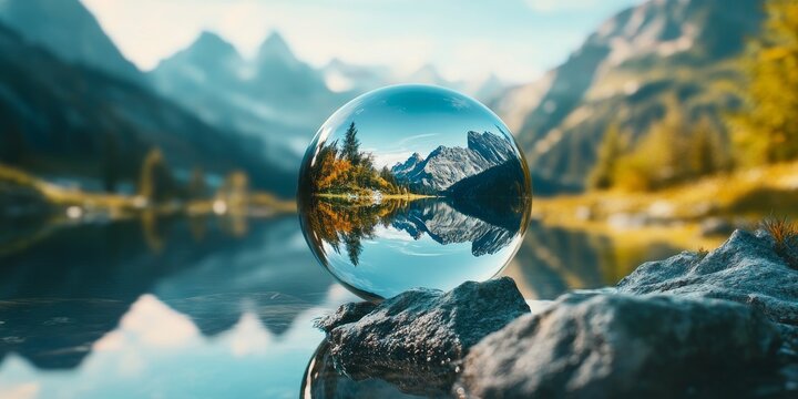 Landscape reflected in a lensball showcasing the beauty of natural scenery. This lensball captures a stunning landscape, creating a unique perspective on the vibrant landscape around it.