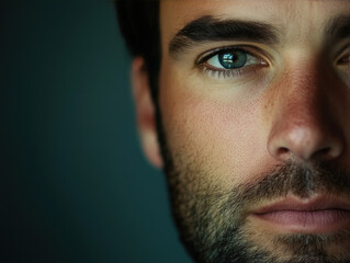 Obraz premium A Detailed Close-Up Portrait of a Man in His 30s with Stubble, Highlighting His Unique Facial Features and Expressions.