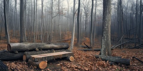 Hunting pulpit surrounded by felled tree trunks. Logging activities can significantly disrupt hunting in this region. Additionally, noise pollution from logging can further impact hunting efforts.