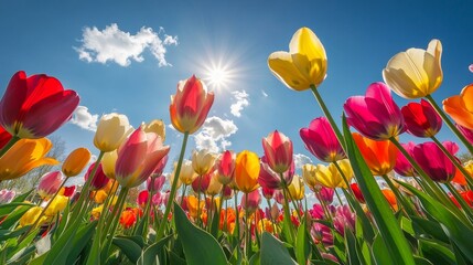 Obraz premium Vibrant bed of tulips blooms under the warm sun, creating a stunning display of colors. This picturesque bed of tulips captures the beauty of nature on a bright, sunny day.