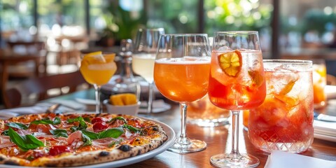 A grand celebration marks the opening of a new restaurant, offering free Aranciata and spritz cocktails. Promotion details are showcased in bright colors at the pizza place.
