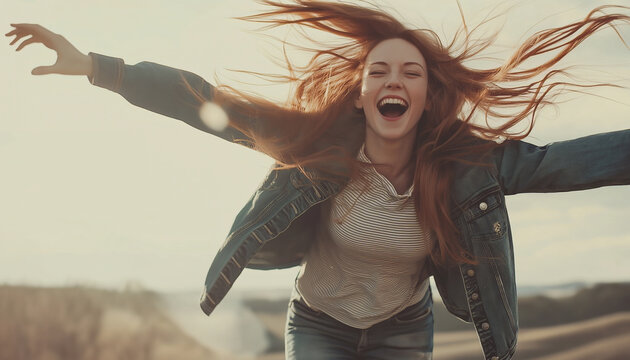 Joyful Young Woman with Flowing Hair Running Outdoors in Nature, Capturing Pure Energy and Happiness
