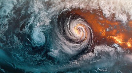 Fototapeta premium Massive cyclone forming over warm tropical waters, with intense cloud bands spiraling outward and visible lightning strikes
