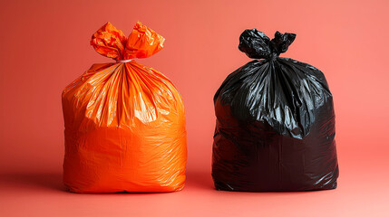 Orange and black plastic trash bags on pink background.