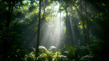 Fototapeta premium Sunbeams in the Lush Forest: A Tropical Paradise