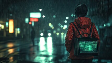 Naklejka premium Rainy Night Cyberpunk Cityscape: A lone figure walks through the neon-lit streets, carrying a futuristic briefcase.