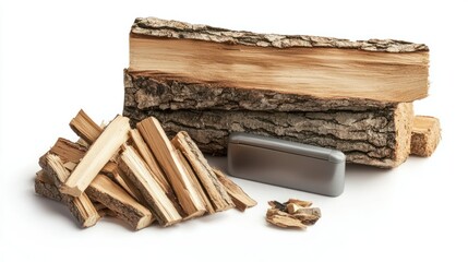 Pile of chopped firewood and kindling arranged next to a firestarter kit for an outdoor adventure