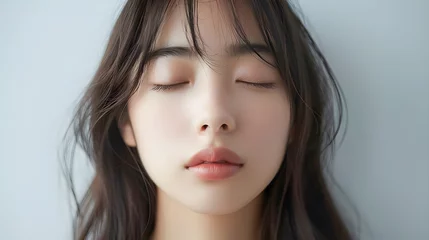 目を閉じた美しいアジア人若い女性の顔のクローズアップ