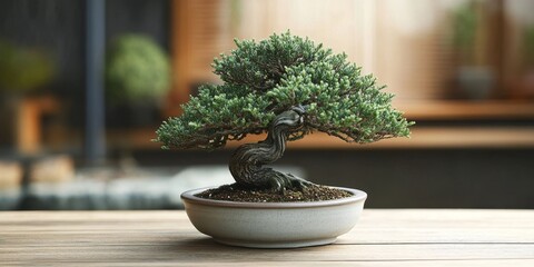 A small bonsai tree elegantly displayed in a ceramic pot, showcasing the beauty and artistry of bonsai cultivation in a delightful home or office setting. This bonsai tree enhances any space.