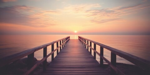 Obraz premium A serene wooden pier offers tranquil views of the ocean during sunset, creating a rustic atmosphere that enhances the calming experience of natures beauty.
