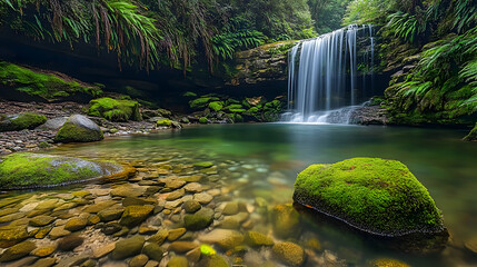 Serene Waterfall in Lush Forest: Mossy Rocks and Crystal Clear Water