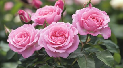 Fototapeta premium Stunning pink roses blooming in the garden showcase vibrant beauty. These pink roses add charm to any garden setting, making them a perfect addition for floral enthusiasts seeking elegance.
