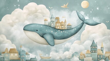Whimsical children's illustration of a whale with a magical city on its back soaring through the sky. Perfect for nursery decor or kids' room wallpaper