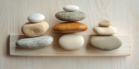 Cairns of harmony and balance, featuring simple poise pebbles arranged on a light wooden background. This composition embodies simplicity and a zen sculpture aesthetic in daylight.
