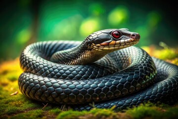 Obraz premium Vintage Iberian snake photo: a dark, curled reptile on a deep green background.