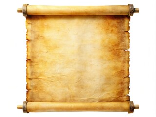 Vintage rolled parchment banner. Grunge white background, antique paper texture. Isolated scroll.