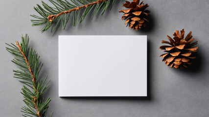 White card with two pine branches and two pinecones on gray surface