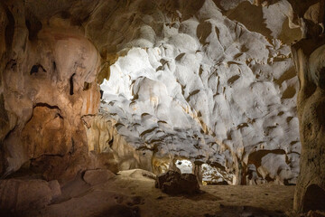 Interior of the large hall of old Karain cave, hidden in Mediterranean region. Confirms human habitation since the early Paleolithic age between 150,000 and 200,000 years ago.Yagca, Antalya, Turkey.