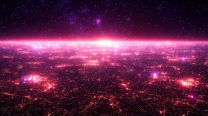 Fototapeta premium Pink city lights at night, space view.