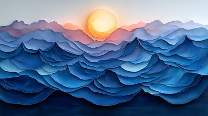 Fototapeta premium Serene Sunset Over Layered Blue Ocean Waves And Mountains