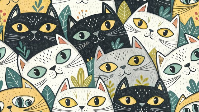 Seamless pattern cat cute fun background 