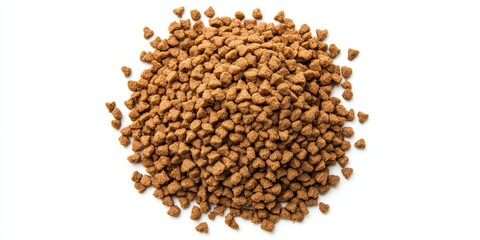 Dry pet food, isolated on a clean white background, presents a pile of granulated animal feeds. This dry pet food offers essential nutrition through its nutritious granules for dogs and cats. Top