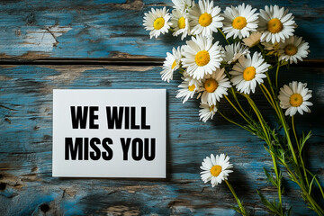We will miss you message written on white card and daisies on wooden table