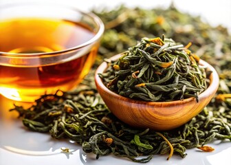 Fototapeta premium White background highlights a close-up of brewing herbal tea; loose leaves and Asian aesthetic in a still life.