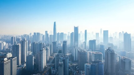 Fototapeta premium Urban Skyline Panorama: A hazy morning view of a sprawling metropolis, showcasing the density and architectural diversity of modern cityscapes.