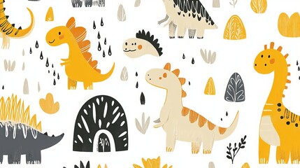 Obraz premium Whimsical vector illustration featuring hand-drawn dinosaurs, a seamless pattern, and raindrops in a Scandinavian style, all set against a white background. Ideal for children's prints 