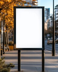 Enormous blank billboard at a bus stop in a vibrant European city during a sunny summer day