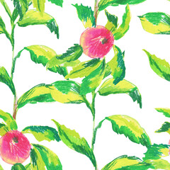 Apples with green leaves wax crayons seamless pattern on white isolated background. Textural and botanical repeating pattern. Design for textiles, wrapping paper and wallpaper.