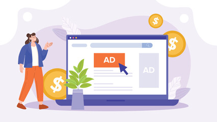 An illustration depicting online advertising and pay-per-click (PPC) concepts, featuring a digital interface with an ad campaign, showcasing clickable advertisements and user interactions.