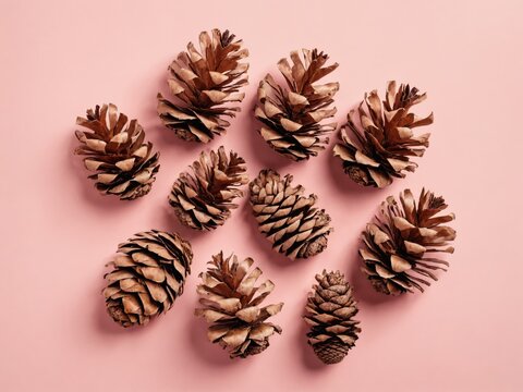 Nine brown pine cones arranged on pink background