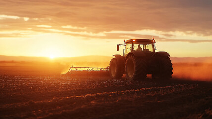 Fototapeta premium a tractor planting on his farm during sunset with a low Angle seen from backside 