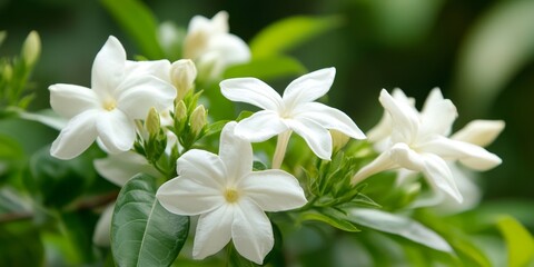 Obraz premium The beauty of the melati Jasminum flower, even while not fully blooming, mesmerizes with its white, flawless petals and captivating charm, showcasing the enchanting allure of the melati flower.