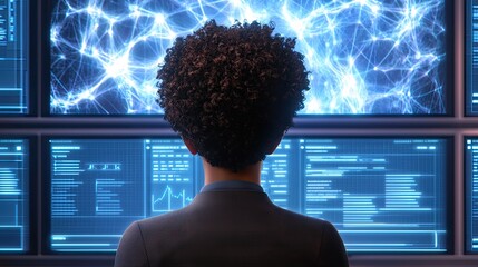 A person with curly hair observes multiple screens displaying data and interconnected networks, suggesting a focus on technology or data analysis.