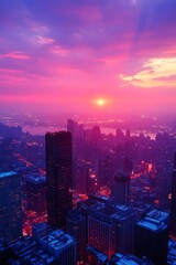 Fototapeta premium As day transitions to night, a stunning sunset casts a warm glow over the urban skyline, highlighting tall buildings and vibrant city streets below