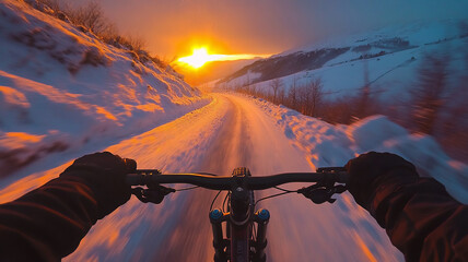 riding a mountainbike during winter in the road during sunset with a eye-level angle 