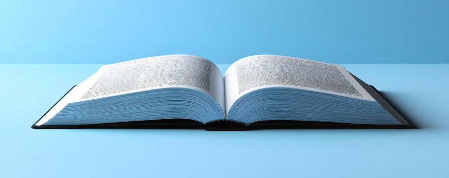 An open book on a blue surface, showcasing its pages and text.