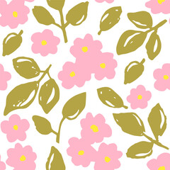 Simple floral vector seamless pattern. Pink delicate flowers, foliage on a white background. For prints of fabric, textiles, clothing.