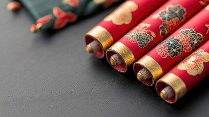 Elegant Red Scrolls with Floral Design on Black Background